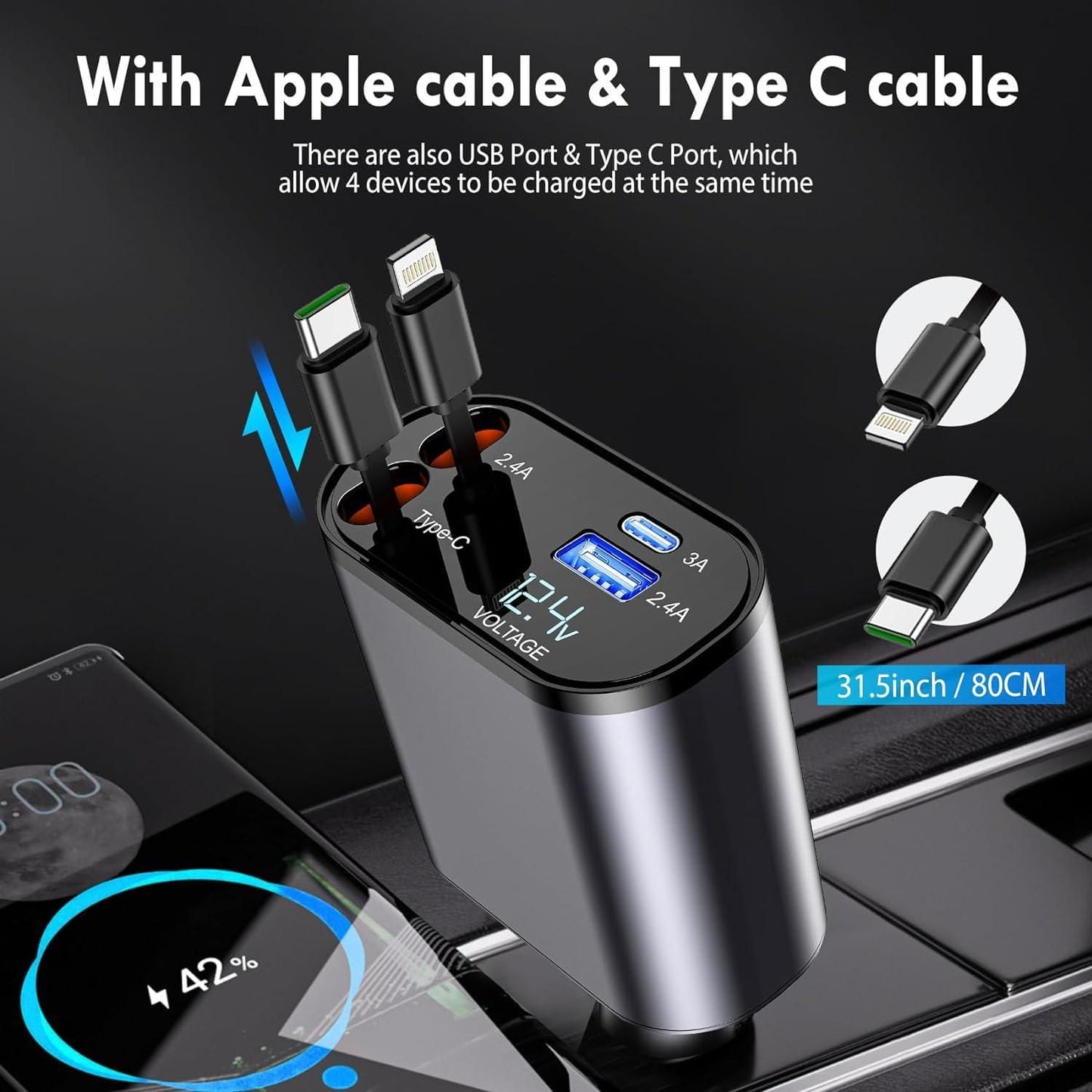 VoltEdge™ Smart Car Charger – Dual USB & Type-C with LED Display.