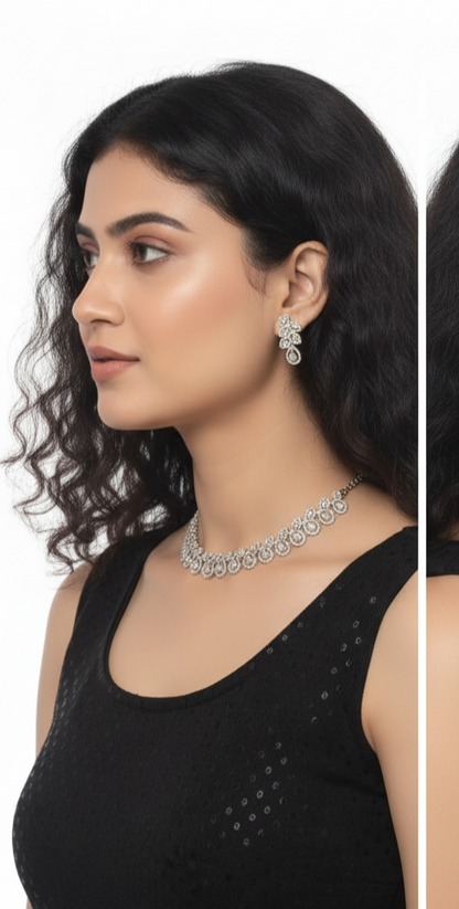 Rhodium-Plated Necklace & Earring Set with White Austrian Diamonds