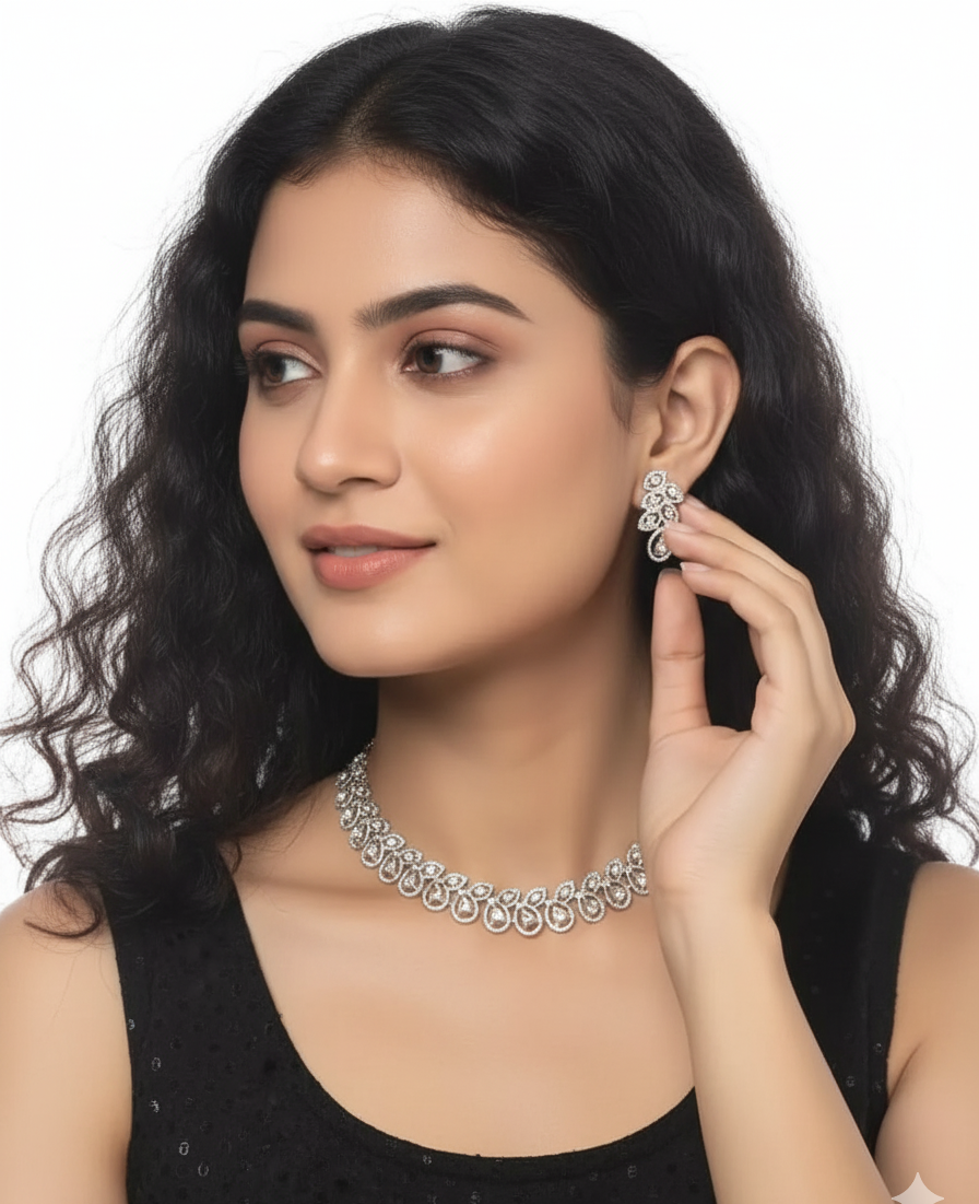 Rhodium-Plated Necklace & Earring Set with White Austrian Diamonds