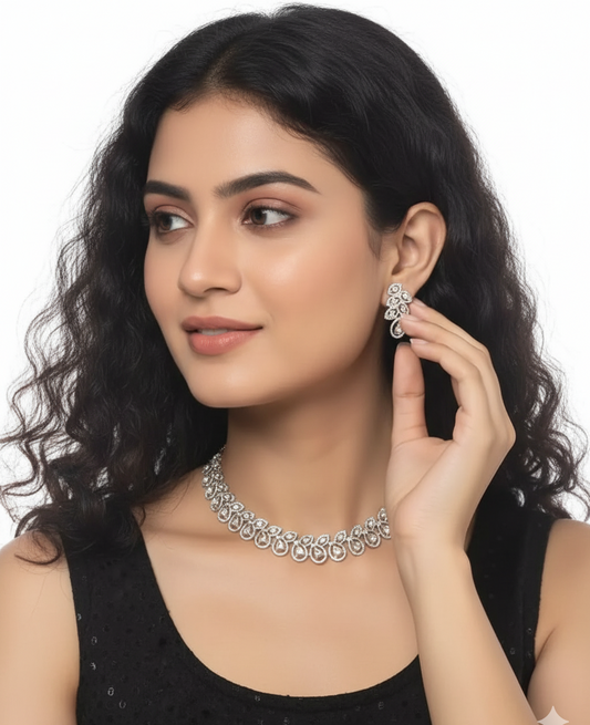 Rhodium-Plated Necklace & Earring Set with White Austrian Diamonds